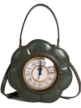 NWT Green Flower Clock Handbag-Vintage-Style Novelty Purse, Removable Clock-Face